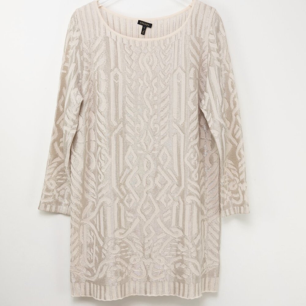 Escada Sowustar Sweater Dress Cable Shift Long Sleeve Metallic Cream Size Large - Picture 2 of 12